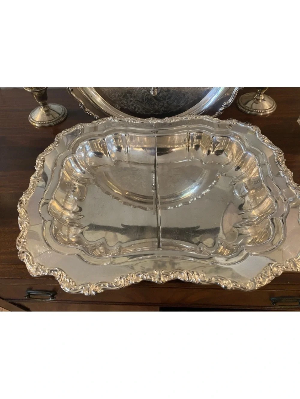VTG Victorian design Sheridan Silverplate Ornate Footed Divided Bowl/Tray